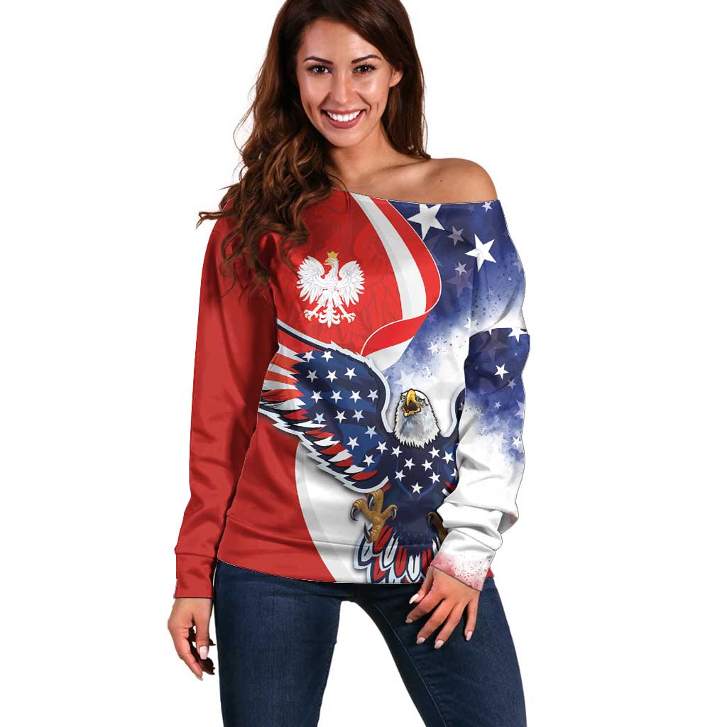 Polish American Heritage Month Off Shoulder Sweater USA Eagle and Poland Eagle with National Flag - Wonder Print Shop