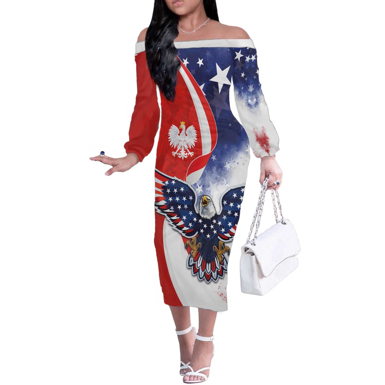 Polish American Heritage Month Off The Shoulder Long Sleeve Dress USA Eagle and Poland Eagle with National Flag - Wonder Print Shop