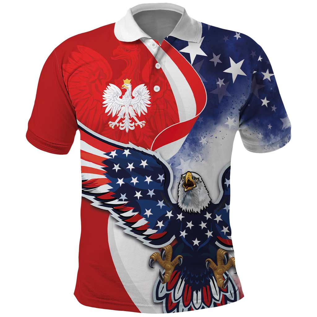 Red, white, and blue eagle graphic polo shirt with national flag-style design