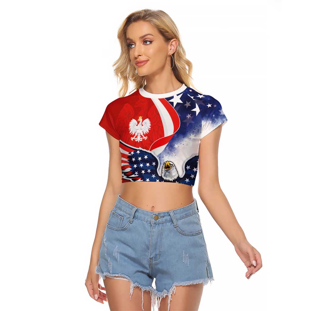 Polish American Heritage Month Raglan Cropped T Shirt USA Eagle and Poland Eagle with National Flag