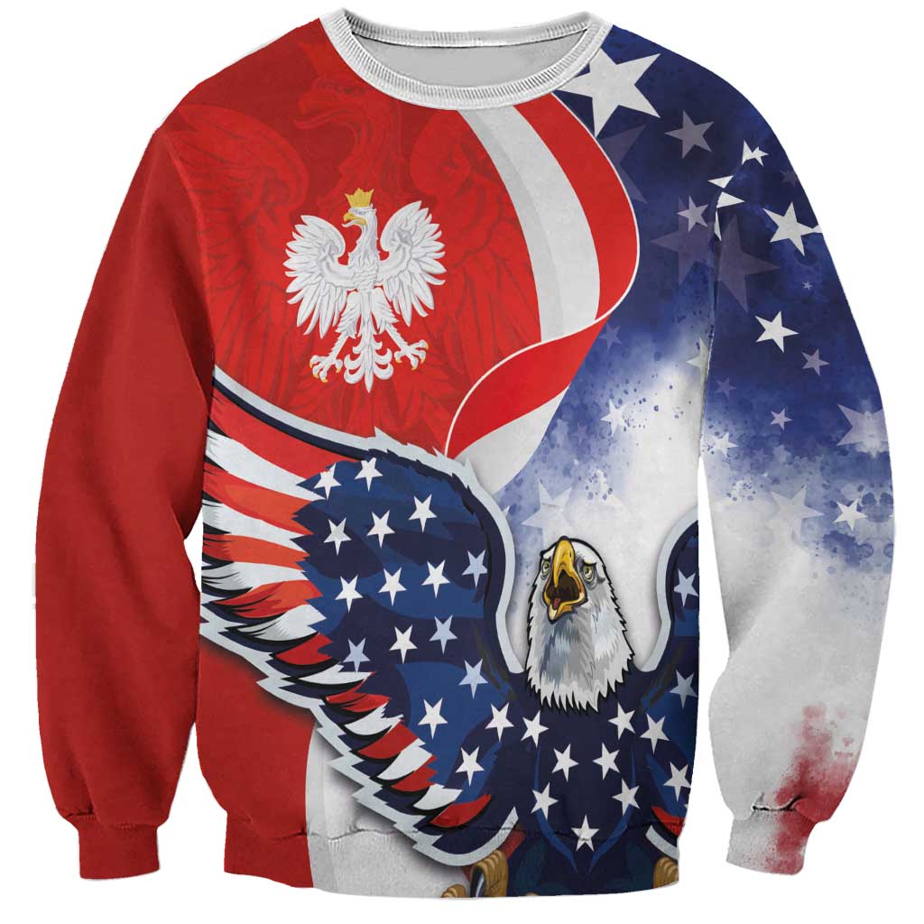 Unisex crewneck sweatshirt with USA and Poland eagle flag graphic, red/blue/white.