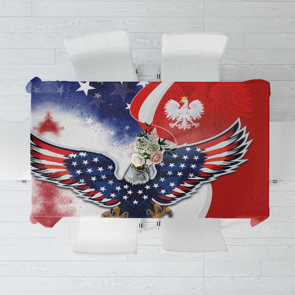 Red tablecloth with Polish eagle and USA eagle graphic, patriotic wing design