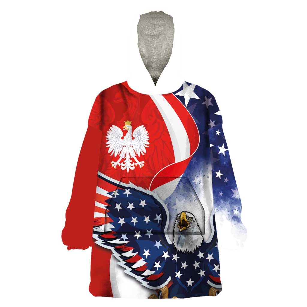 Polish American Heritage Month Wearable Blanket Hoodie USA Eagle and Poland Eagle with National Flag