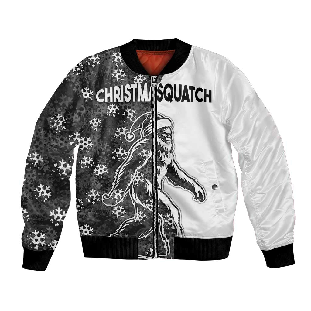 Unisex bomber jacket with white-and-dark snowflake camo and Christmasquatch graphic