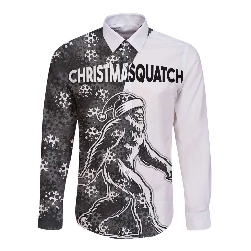 Long sleeve button shirt, white and black snowflake camouflage with squatch front graphic
