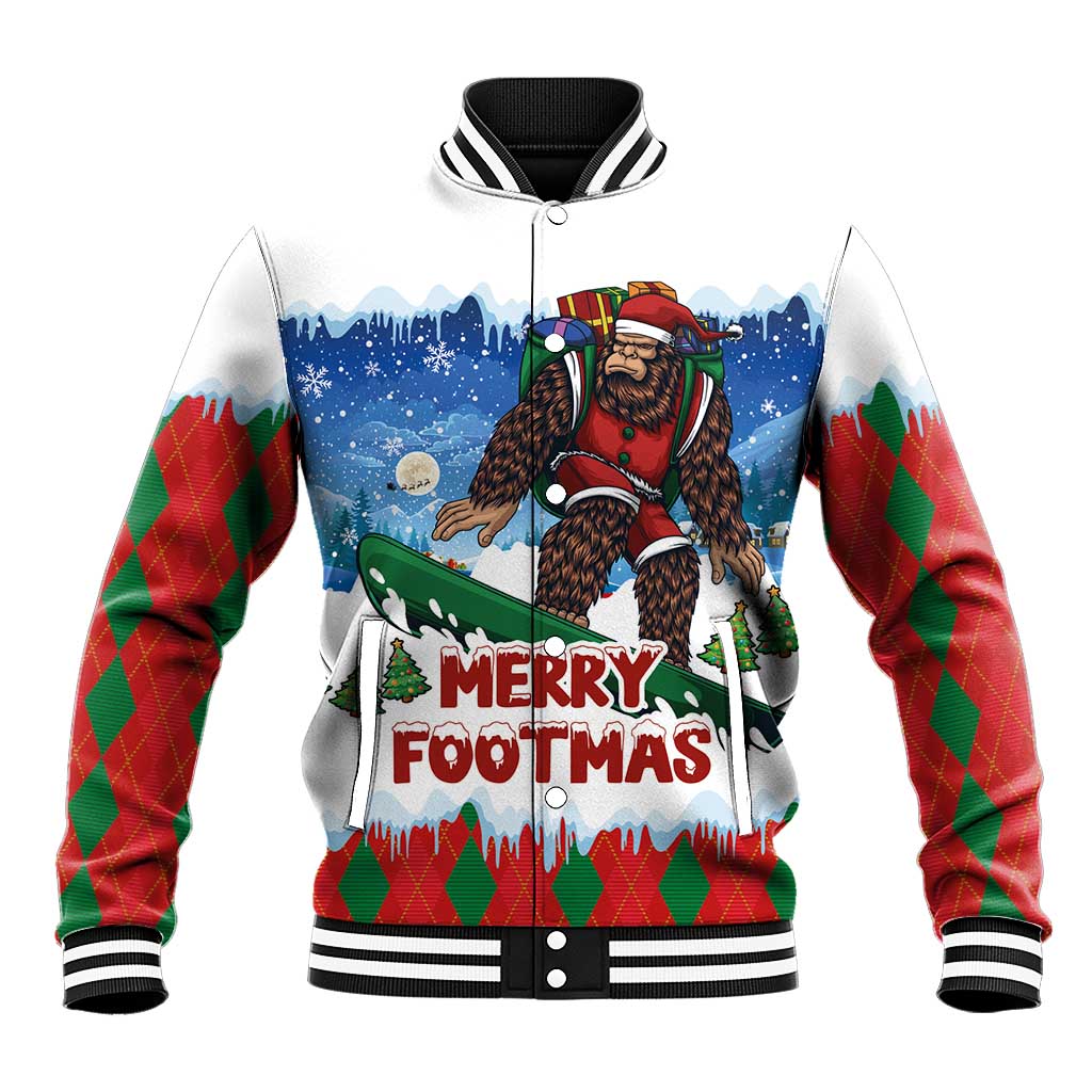 White baseball jacket with Bigfoot graphic, Merry Footmas text, ribbed cuffs and collar