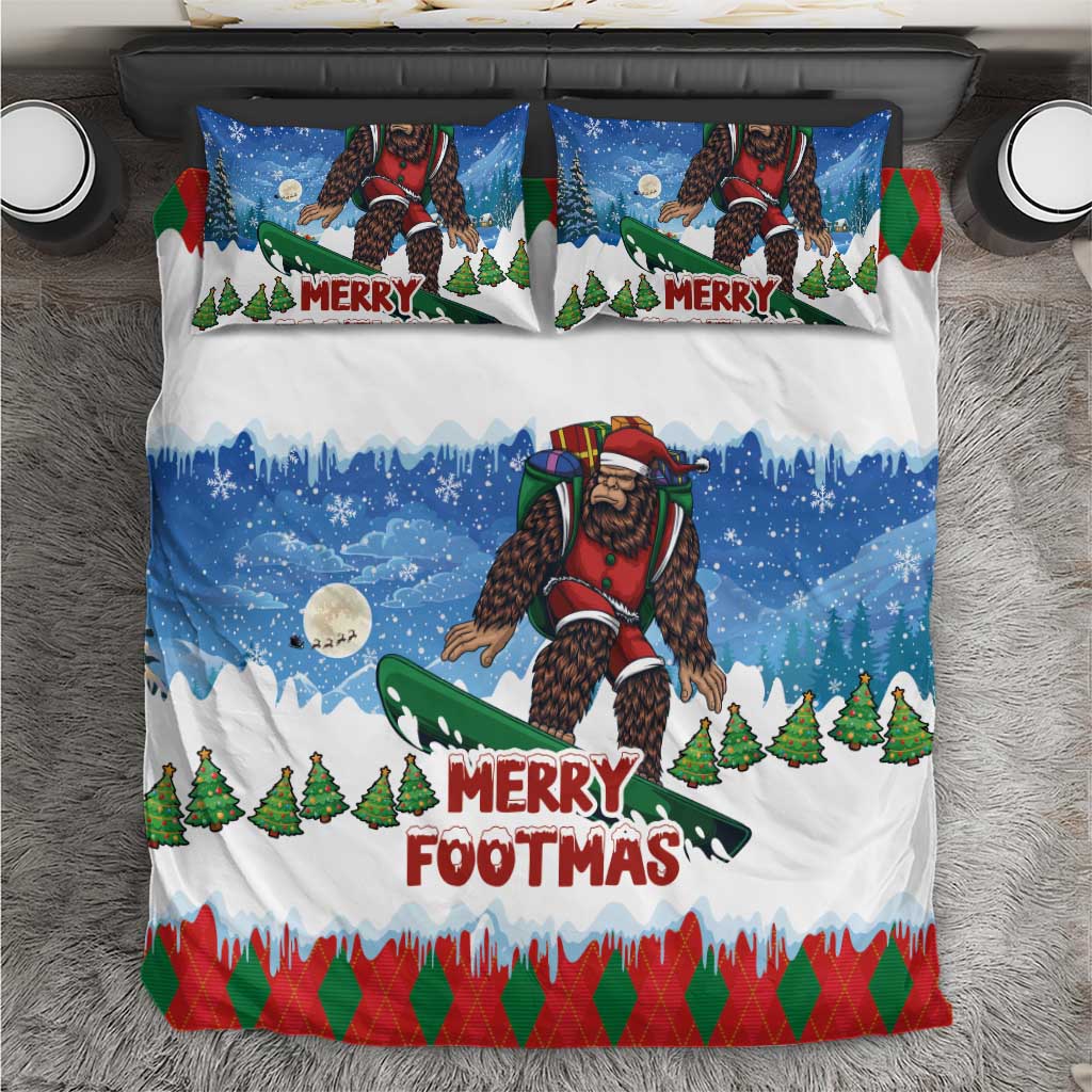 Christmas Bigfoot snowboard bedding set, blue snowy design with “Merry Footmas” text