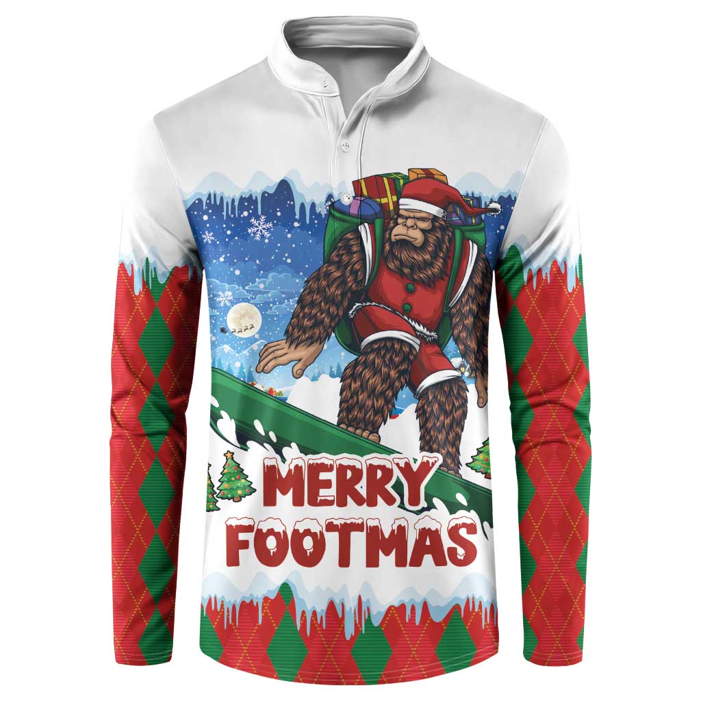 White quarter-zip sweatshirt with Bigfoot Santa “Merry Footmas” print; argyle sleeves