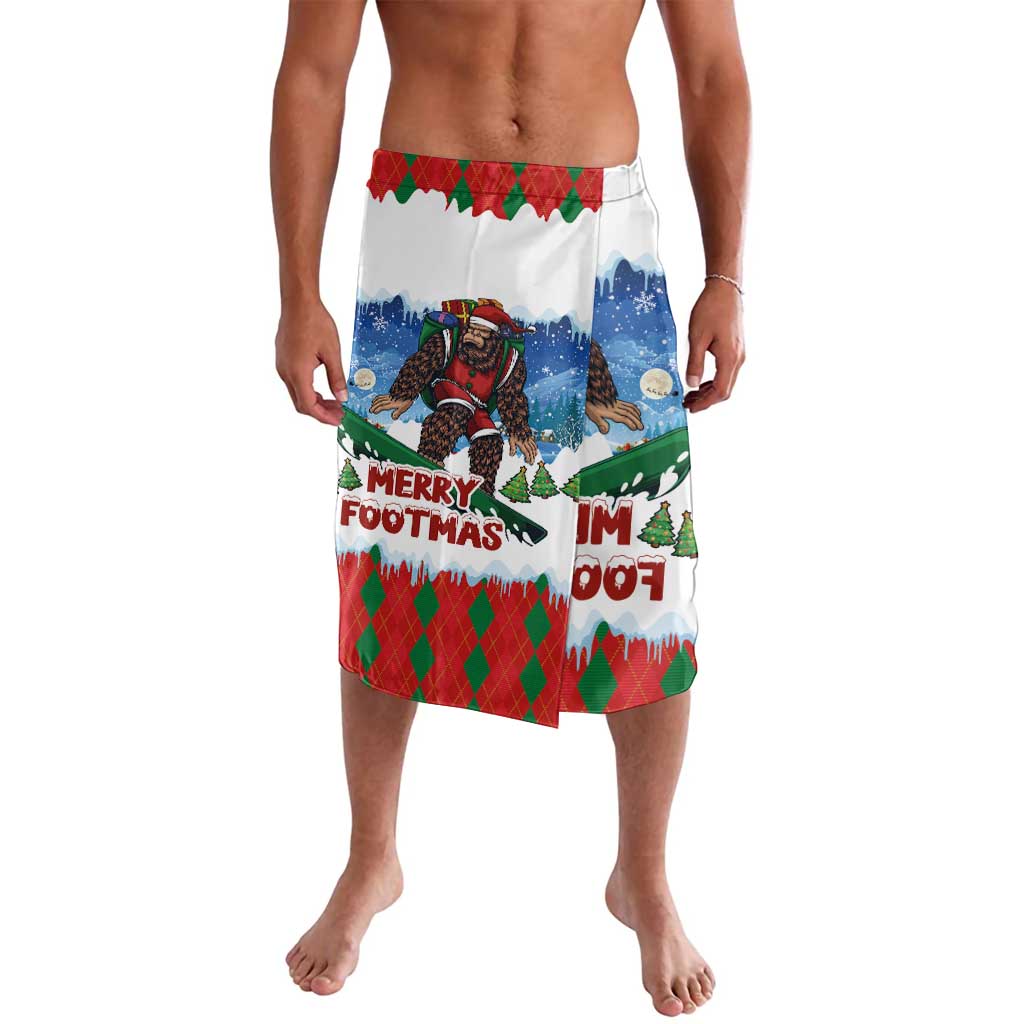Men's white holiday swim shorts with Bigfoot character, snow, and festive text