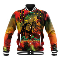 Unisex multicolor graphic baseball jacket with ribbed collar and striped cuffs, front view