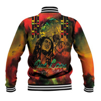 Unisex multicolor graphic baseball jacket with striped ribbed hem and back print, back view