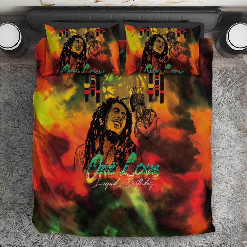 Reggae-themed bedding set with portrait and One Love text, red yellow green tie-dye