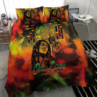 Reggae-themed duvet and pillowcases with portrait centerpiece and One Love text, red yellow green