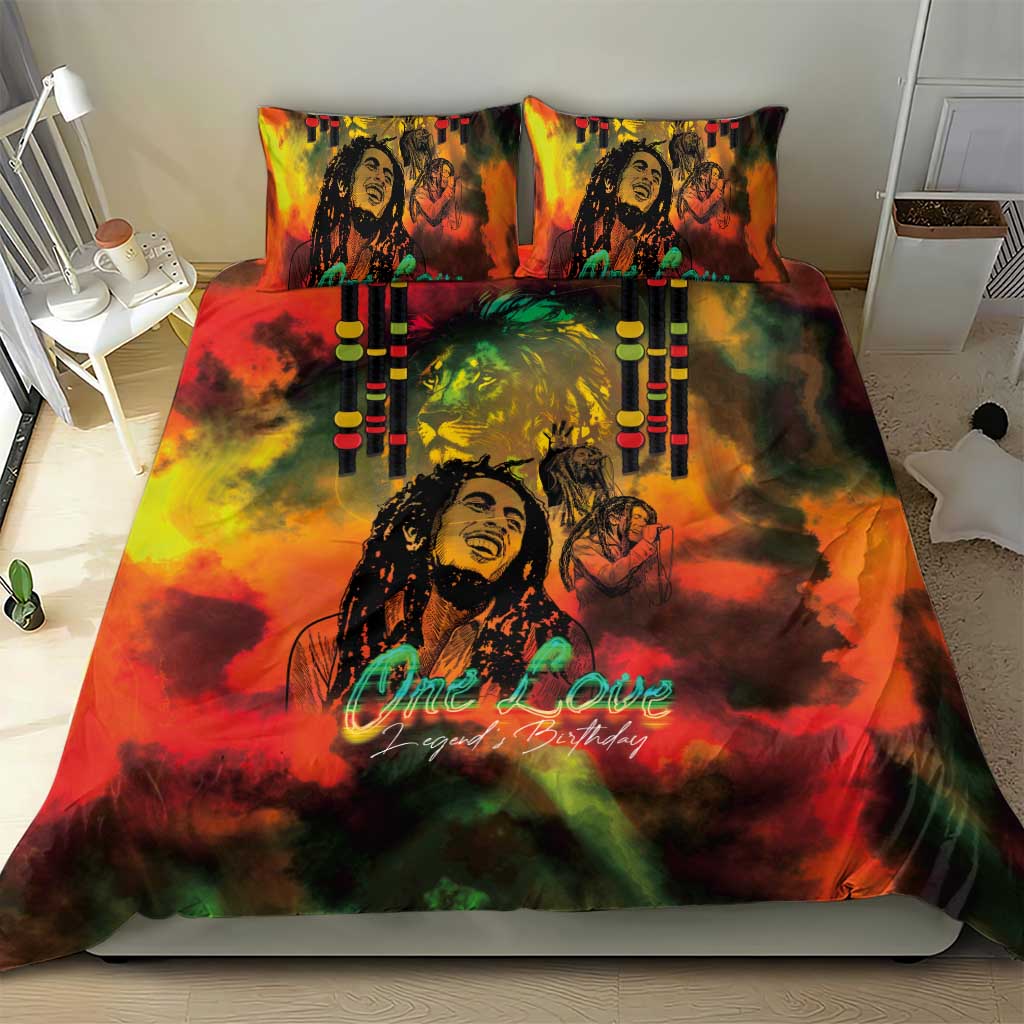Reggae-themed bedding set with two matching pillowcases, reggae portrait and One Love text