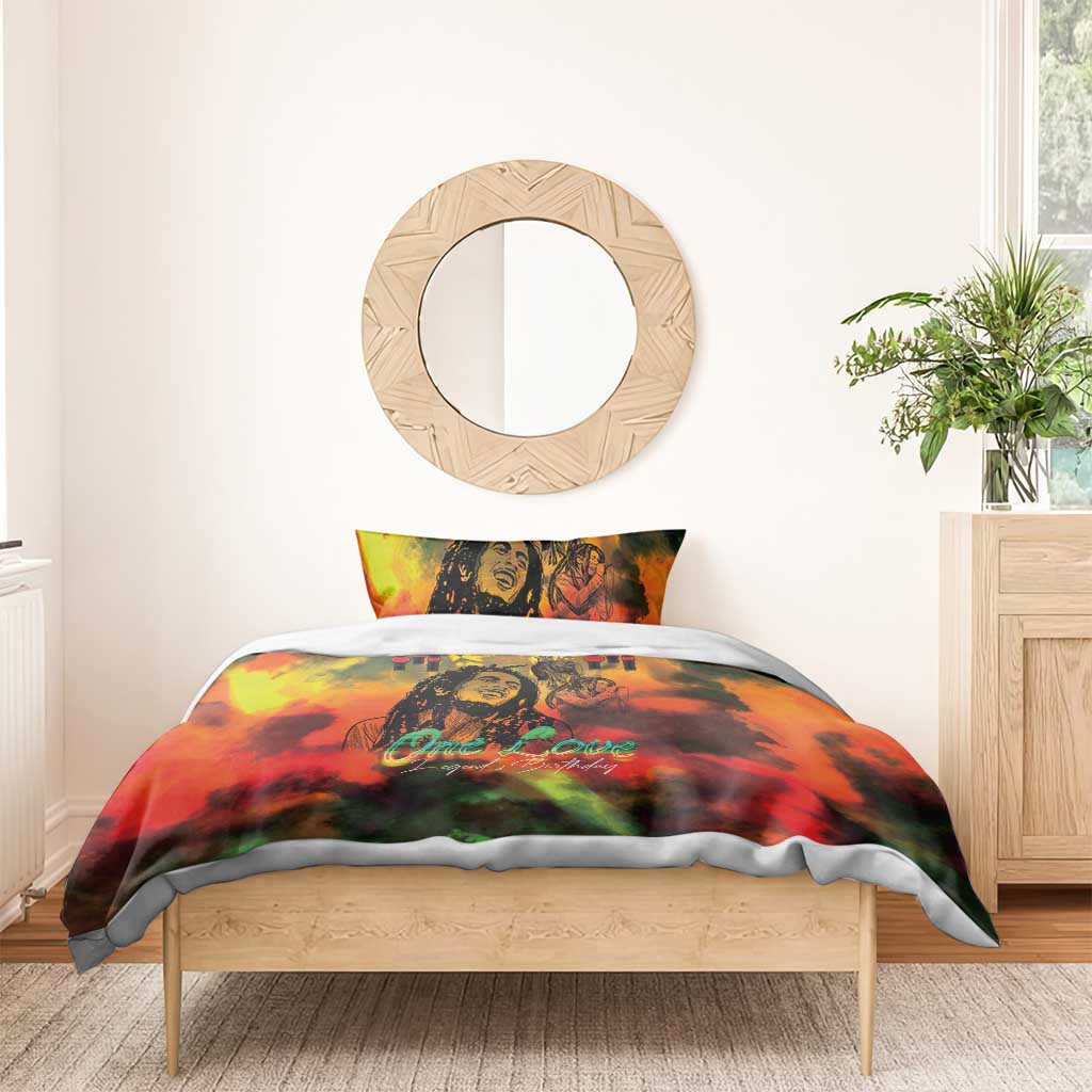 Reggae-themed duvet cover with portrait and One Love text, red yellow green color wash