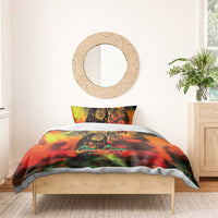 Reggae-themed duvet cover with portrait and One Love text, red yellow green color wash