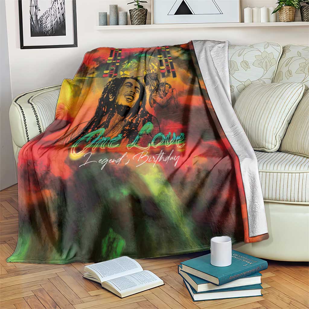 Reggae-themed birthday blanket with 'One Love' portrait, red yellow green abstract print