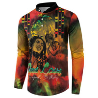 Long-sleeve button sweatshirt with black collar, reggae portrait, and 'One Love' text