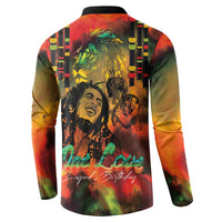 Back view long-sleeve button sweatshirt with black collar and reggae portrait graphic