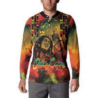 Model wearing long-sleeve button sweatshirt with black collar and colorful reggae portrait