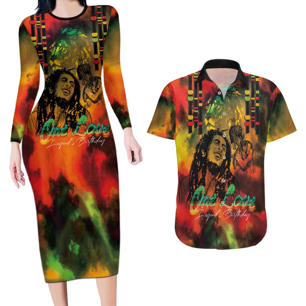 Jamaican Reggae Legend's Birthday Couples Matching Long Sleeve Bodycon Dress and Hawaiian Shirt One Love Jamaica - Wonder Print Shop