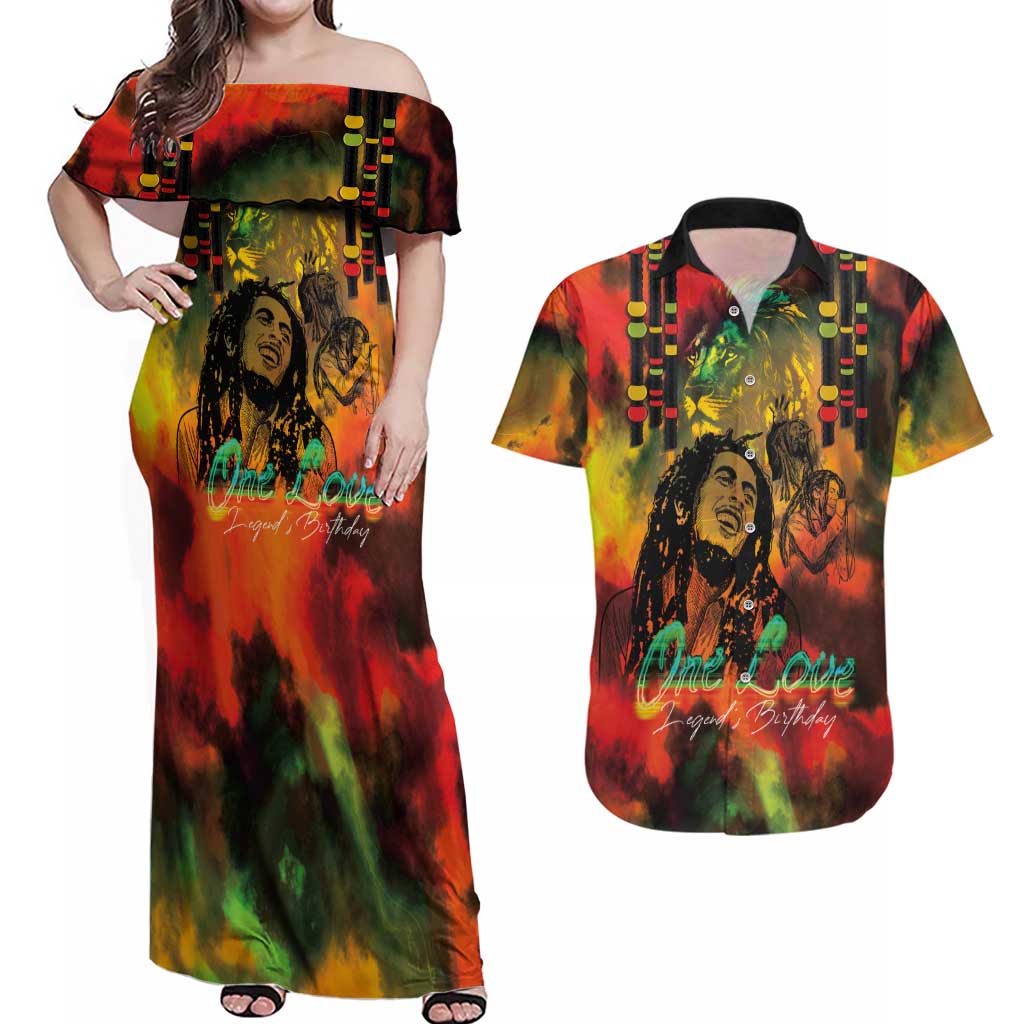 Jamaican Reggae Legend's Birthday Couples Matching Off Shoulder Maxi Dress and Hawaiian Shirt One Love Jamaica - Wonder Print Shop