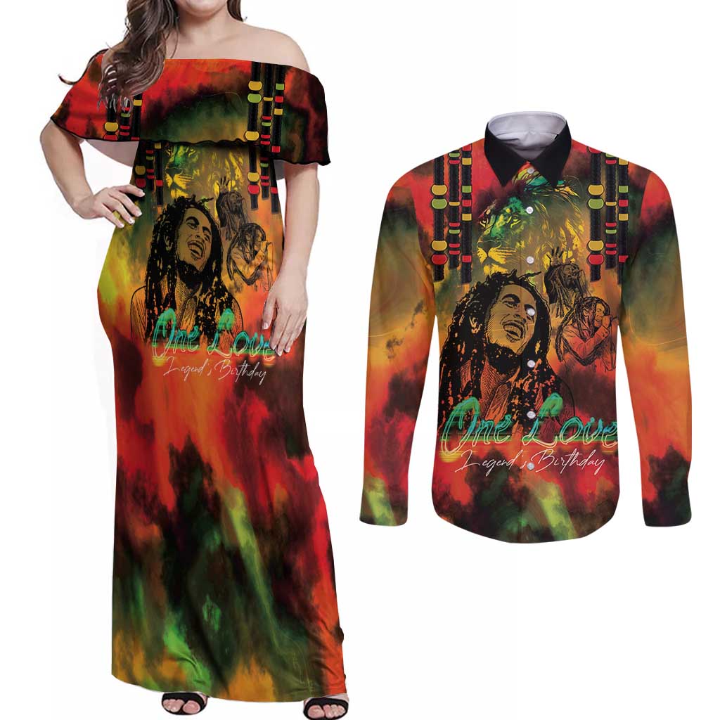 Jamaican Reggae Legend's Birthday Couples Matching Off Shoulder Maxi Dress and Long Sleeve Button Shirt One Love Jamaica - Wonder Print Shop