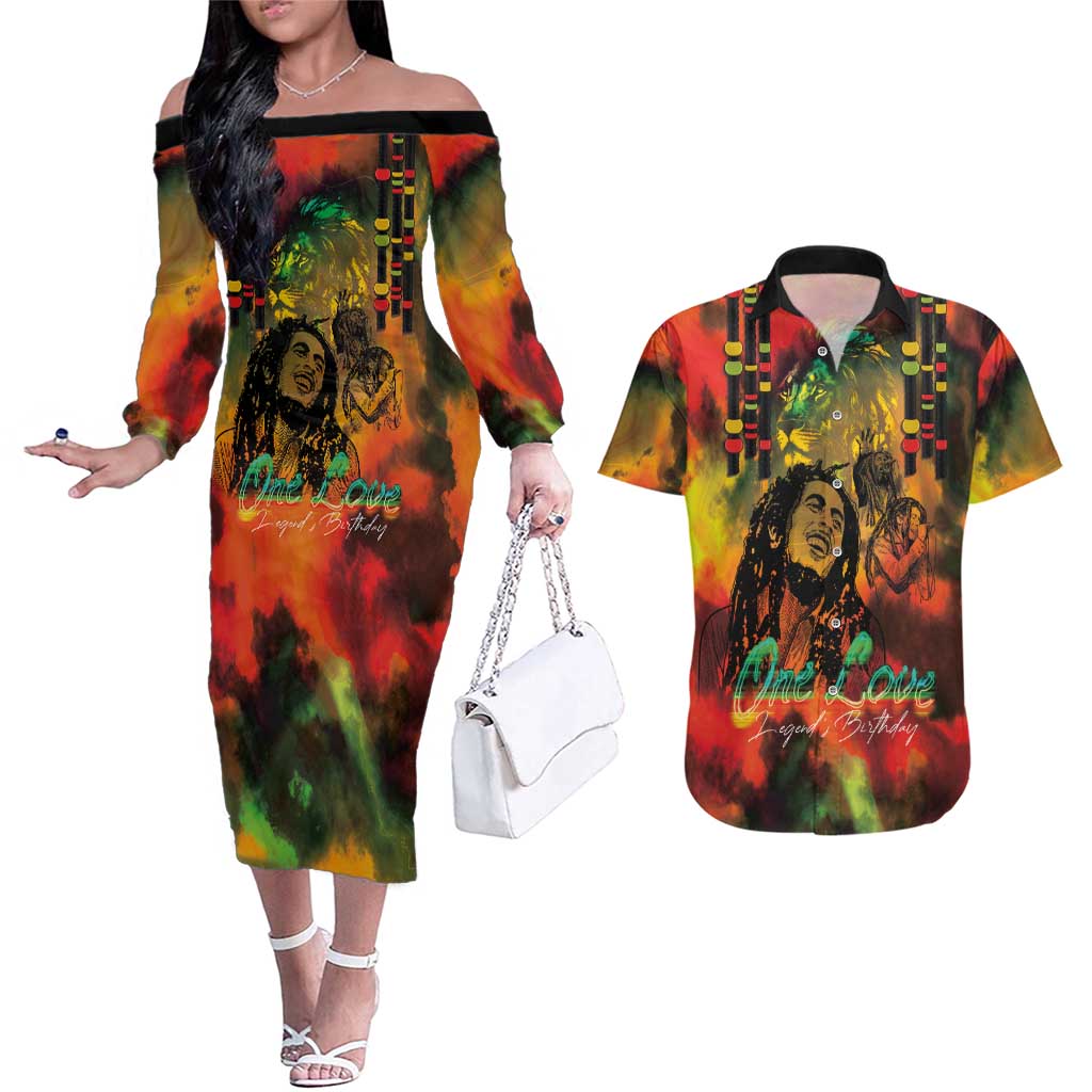 Jamaican Reggae Legend's Birthday Couples Matching Off The Shoulder Long Sleeve Dress and Hawaiian Shirt One Love Jamaica - Wonder Print Shop