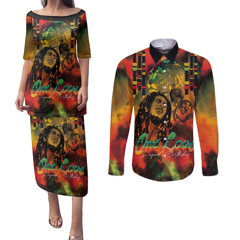 Jamaican Reggae Legend's Birthday Couples Matching Puletasi and Long Sleeve Button Shirt One Love Jamaica - Wonder Print Shop