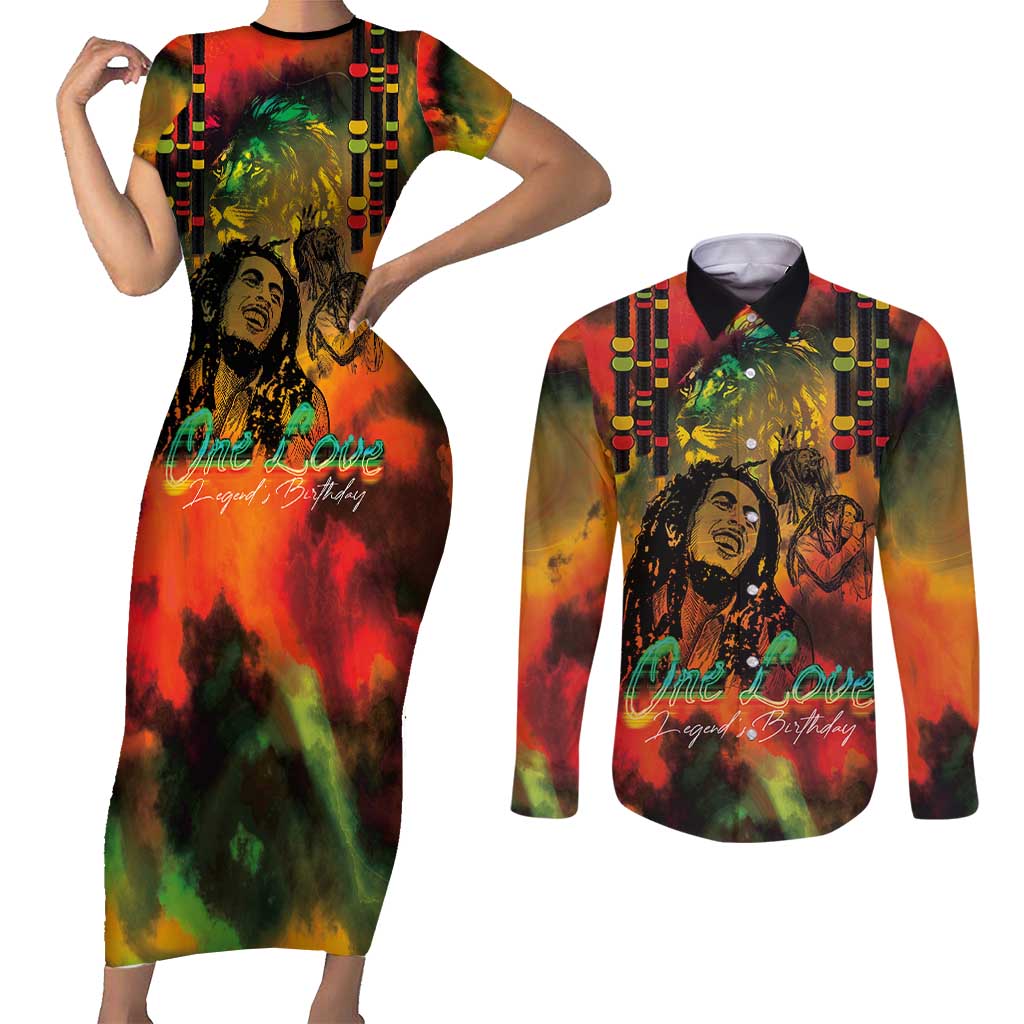 Jamaican Reggae Legend's Birthday Couples Matching Short Sleeve Bodycon Dress and Long Sleeve Button Shirt One Love Jamaica - Wonder Print Shop