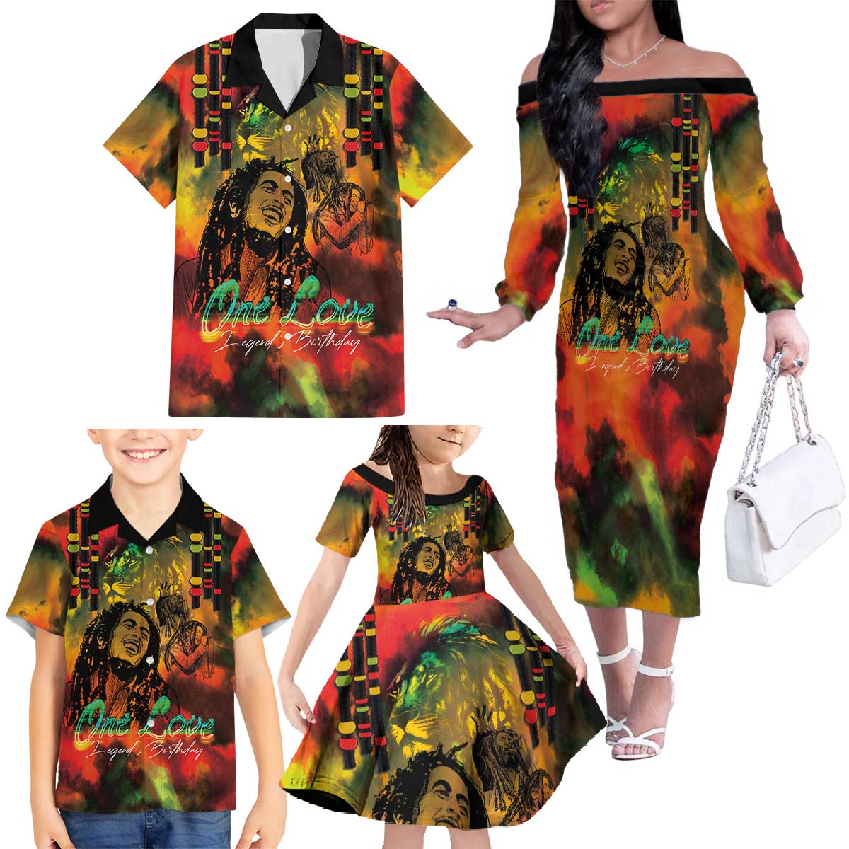 Jamaican Reggae Legend's Birthday Family Matching Off The Shoulder Long Sleeve Dress and Hawaiian Shirt One Love Jamaica - Wonder Print Shop