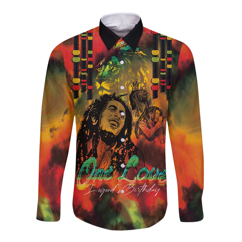 Long sleeve button shirt with colorful reggae legend print, red-green-yellow tie-dye style