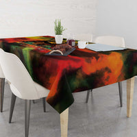 Reggae-themed rectangular tablecloth with red, green, black and yellow abstract pattern