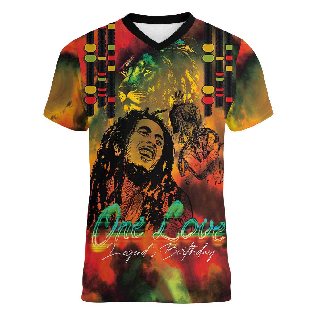 Jamaican Reggae Legend's Birthday Women V-Neck T-Shirt One Love Jamaica