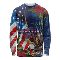 Blue long-sleeve Memorial Day shirt with USA flag, roses, eagle graphic, and text