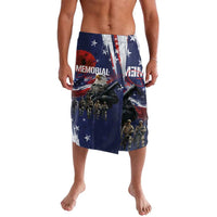 Men's blue patriotic graphic board shorts with eagle and soldiers