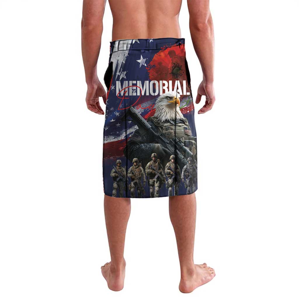Men's blue patriotic graphic swim shorts, eagle portrait and soldier group print
