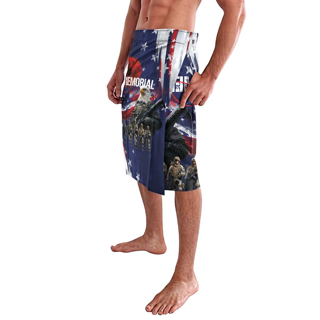 Men's blue patriotic graphic shorts with vertical eagle and soldier scene panel