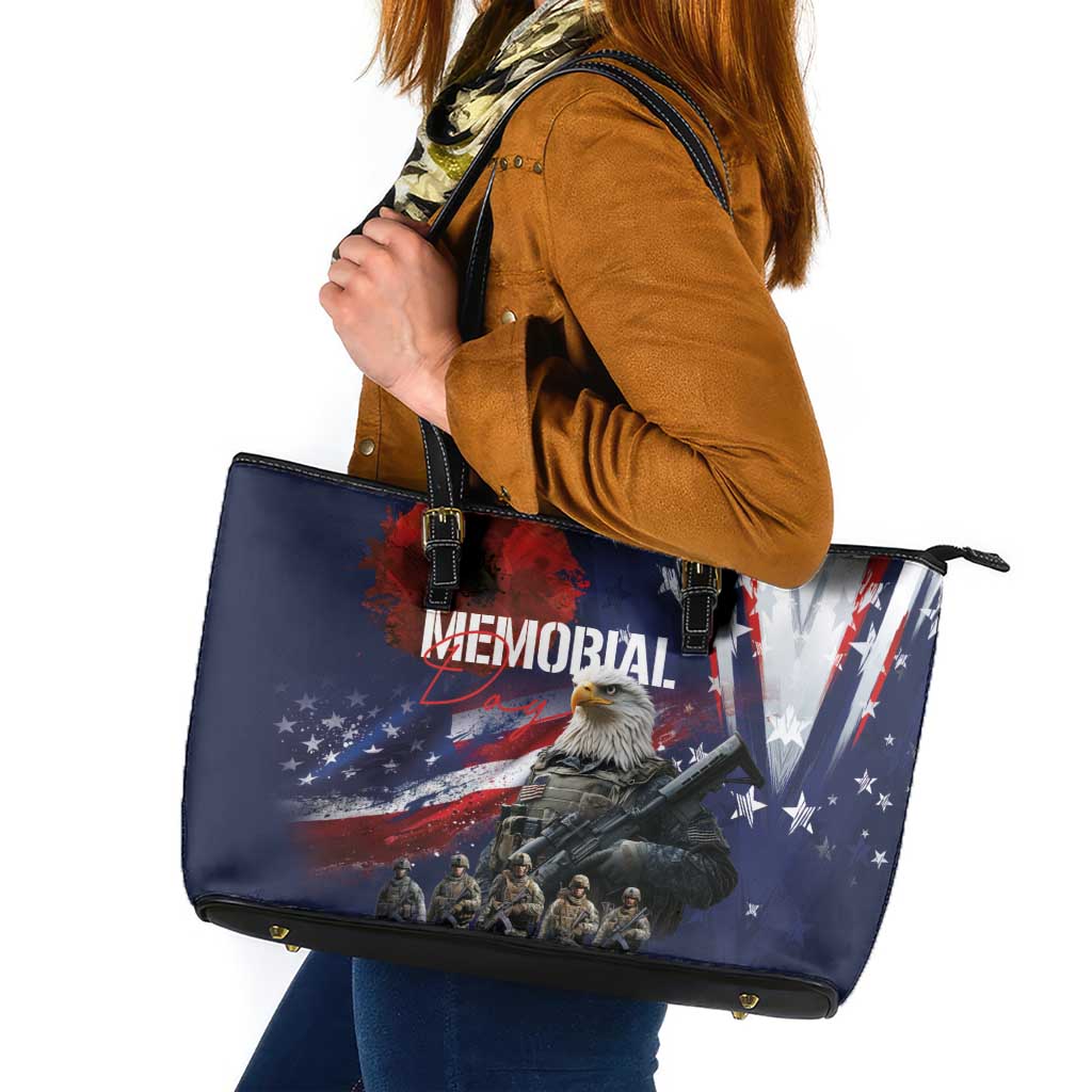 United States Memorial Day Leather Tote Bag Bald Eagle US Soldier-Honor and Remember The Fallen