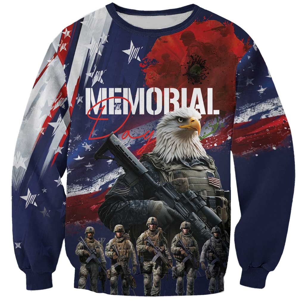 Unisex navy sweatshirt with bald eagle, soldiers and patriotic memorial graphic front