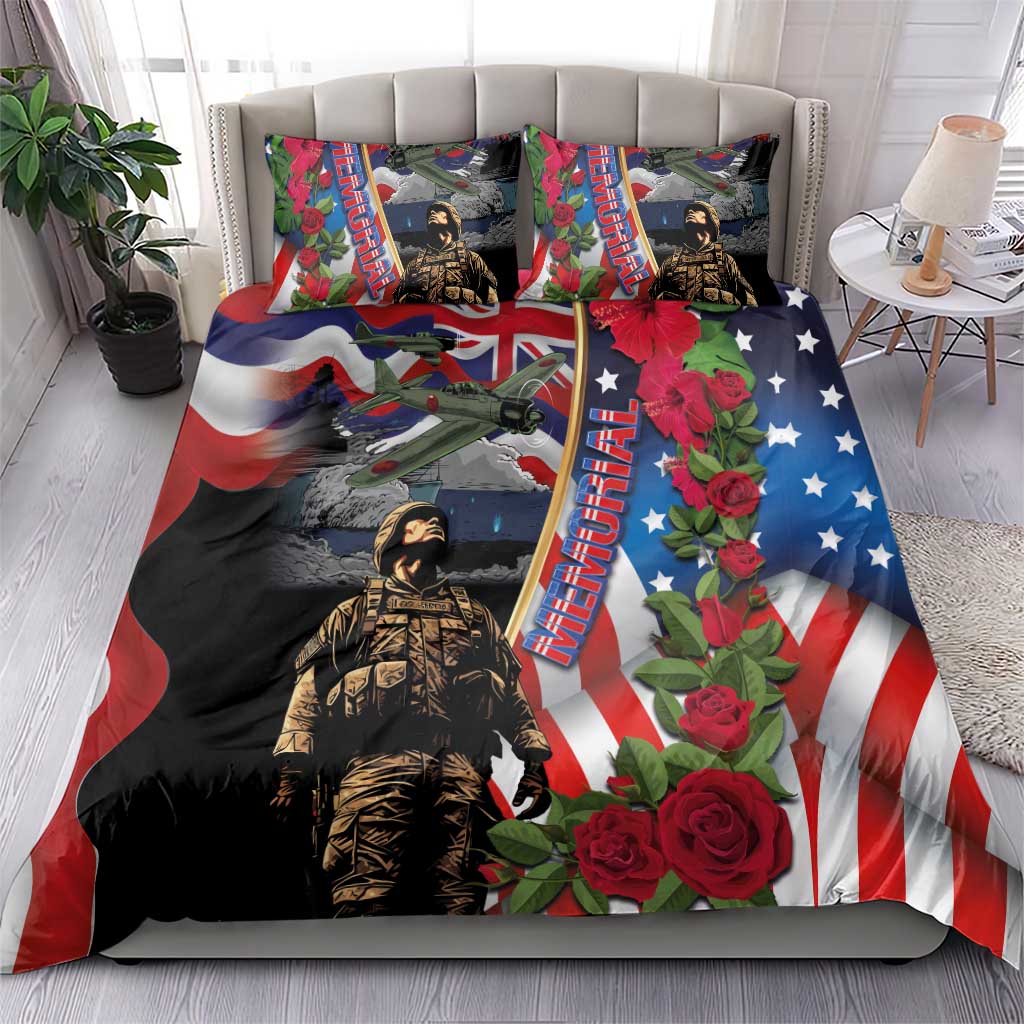Memorial Day bedding set with US flag motif, soldier portrait, roses, and two matching pillows