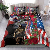 Memorial Day bedding set with US flag motif, soldier portrait, roses, and two matching pillows