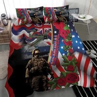 Memorial Day bedding set featuring US flag colors, soldier figure, roses, and two pillows