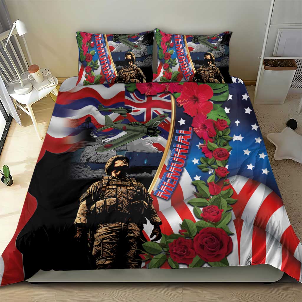 Memorial Day bedding set with US flag design, soldier artwork, roses, and two throw pillows