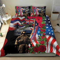 Memorial Day bedding set with US flag design, soldier artwork, roses, and two throw pillows