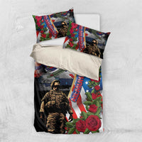 Memorial Day bedding set laid flat: duvet and pillowcases with US flag, soldier, and roses