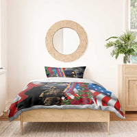 Memorial Day bedding set on bed with US flag motif, soldier portrait, roses, and matching pillow