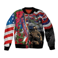 Unisex blue bomber jacket with American flag, roses, and memorial graphic, ribbed cuffs