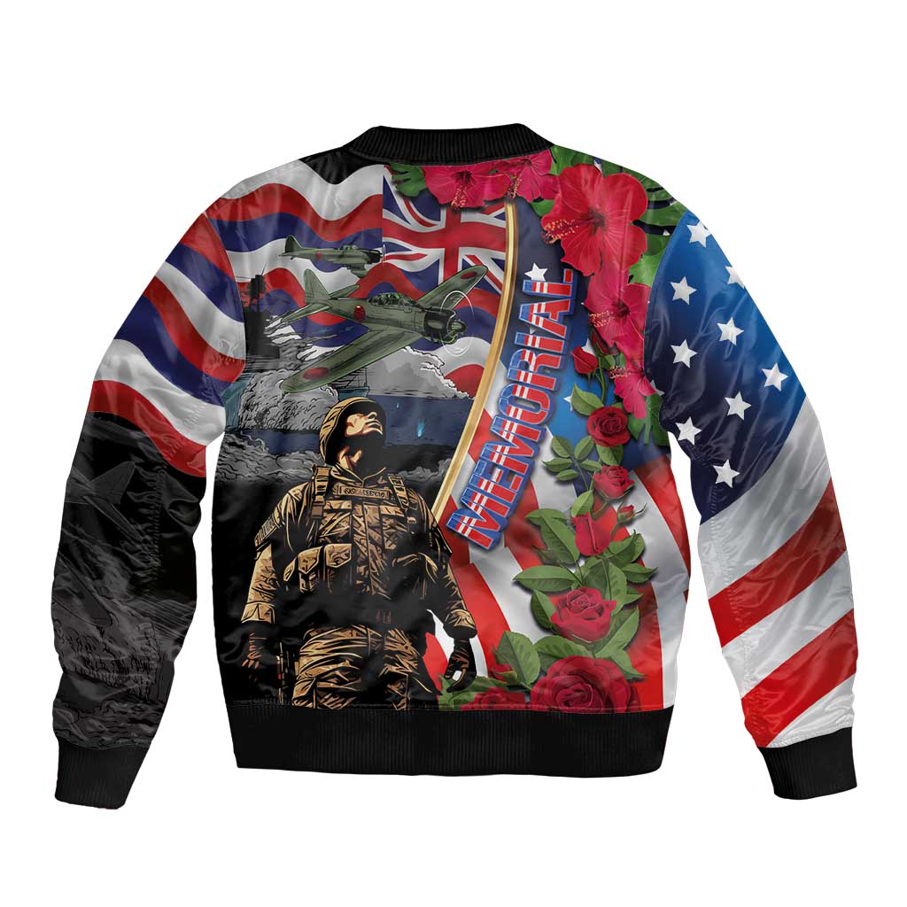 Unisex blue bomber jacket with full back print of flag, roses, and soldier artwork, ribbed hem