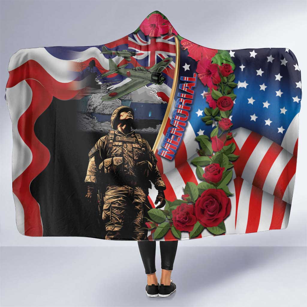 Hawaii and United States Memorial Day Hooded Blanket Honor and Remember The Fallen